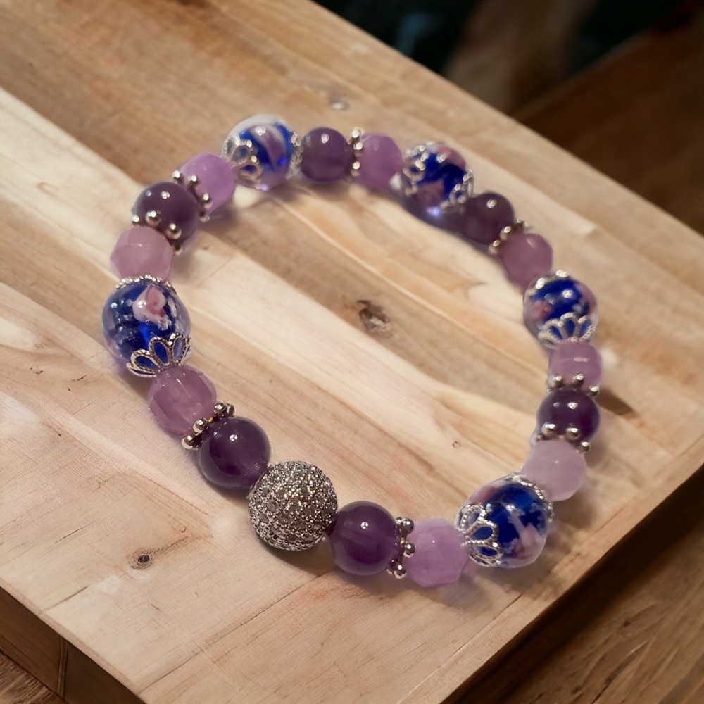 Handmade Gemstone Bracelet - Amethyst, Dolomite & Firefly Glass